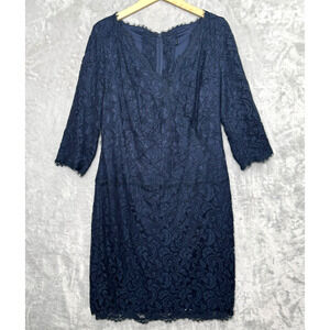 Tadashi Shoji Too Dress Womens 16Q Navy Blue Sheath V Neck 3/4 Sleeve Cocktail